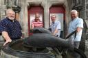 Bonnie Peebles Plus restored the fish sculpture outside the Eastgate Theatre to its former glory. L-R: Robin Tatler, Norman Elder, John Falla, Roy Carnwall