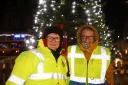 The Festive market at Christmas.Selkirk Christmas tree lights .Ruth Smith and Edith Scott Rotary Members.