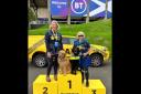 Jan Shirley, from Oxnam and Shona Ramsay from Jedburgh accompanied by Dougal and Rowlfie at BT Murrayfield