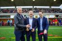 Ross Buchan, John Collins and Ryan Cass reopen the Netherdale stand Photo Thomas Brown