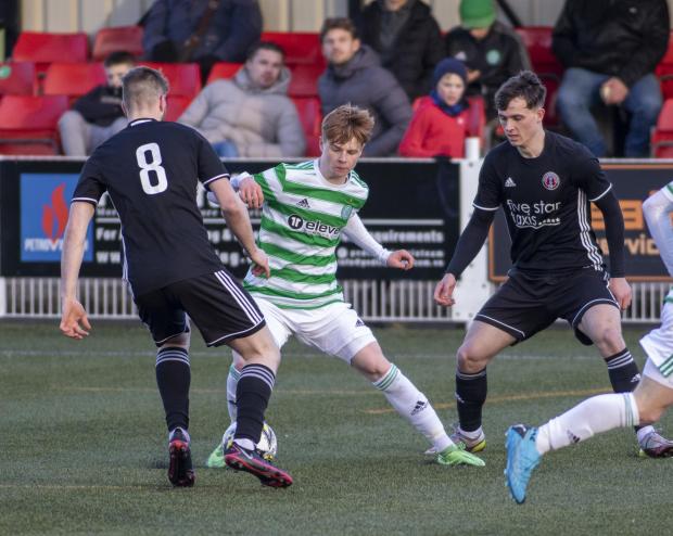Border Telegraph: Action from Gala Fairydean Rovers v Celtic at Netherdale 
