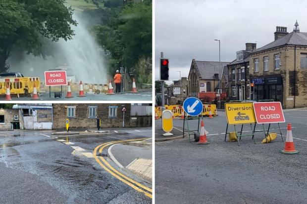 Pictured, burst water mains and road works at the junction of Ferncliffe Road and Fernbank Drive (top left),  Little Horton Lane (right) and Brow Road and Station Road roundabout, Haworth (lower left). Pictures: Nic Lee, UGC and Adam Hustwick