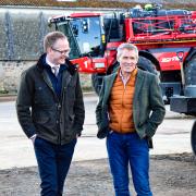 Left to right: John Lamont MP, Jonnie Hall from NFU Scotland and local farmer Neil White