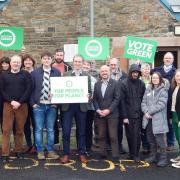 Dominic Ashmole (centre) at the Scottish Greens South Scotland campaign event in Tweedbank