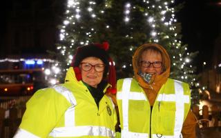 The Festive market at Christmas.Selkirk Christmas tree lights .Ruth Smith and Edith Scott Rotary Members.