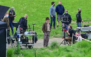 Harrison Ford in his Indiana Jones costume at Leaderfoot Viaduct in June 2021